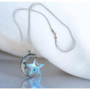 Rare Vintage Crescent Moon Face Large Crystal AB Star signed Pewter Necklace